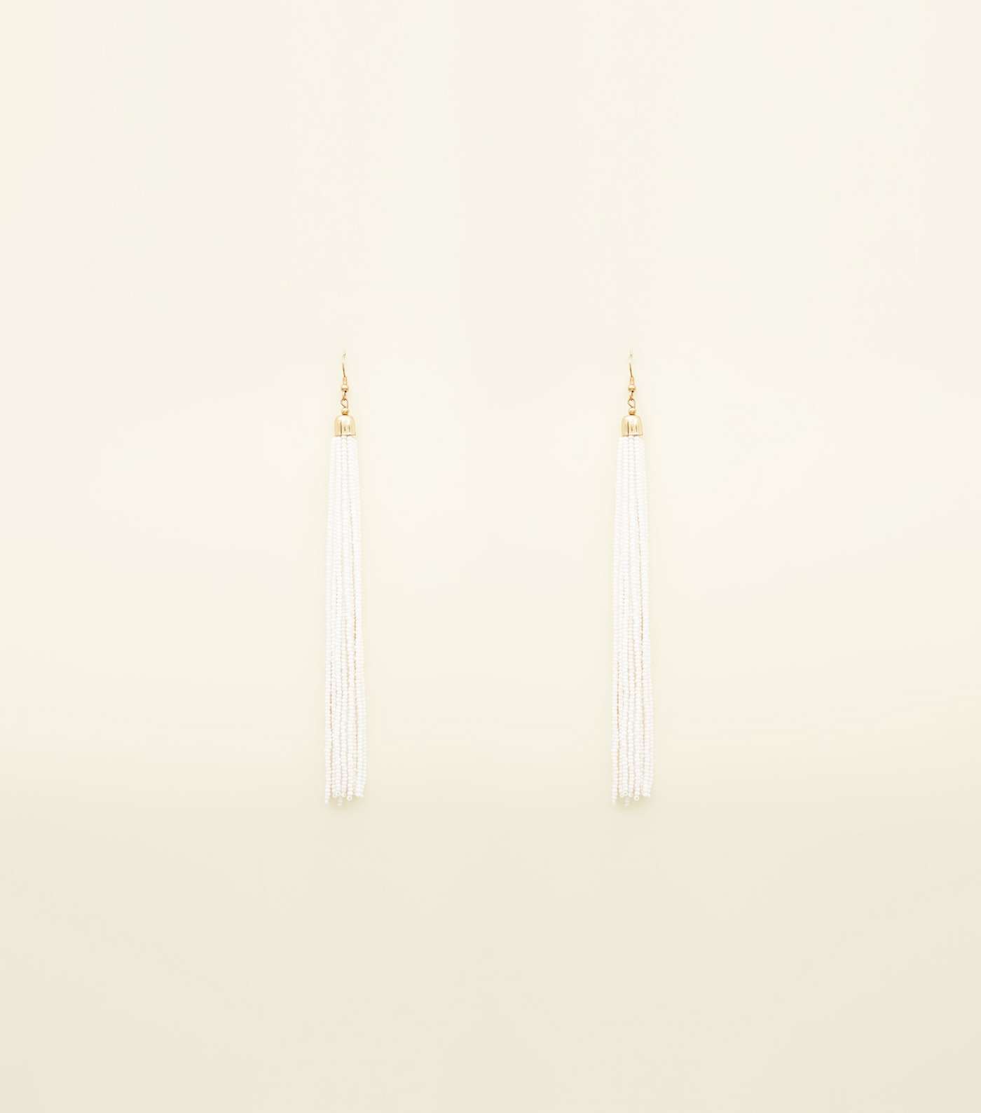 White Long Beaded Tassel Drop Earrings