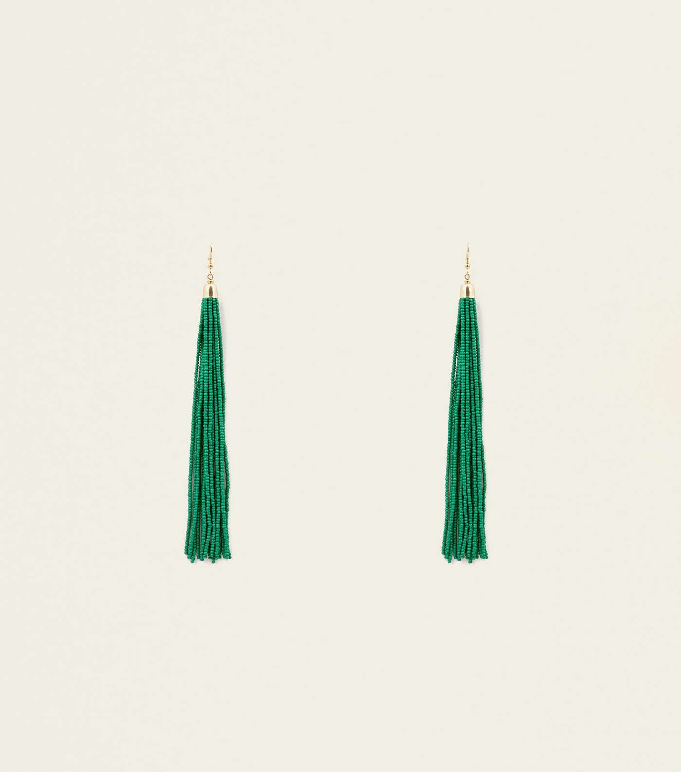 Green Long Beaded Tassel Drop Earrings