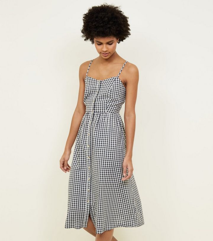 Schwarzes Kariertes Midikleid Mit Durchgehender Knopfleiste New Look