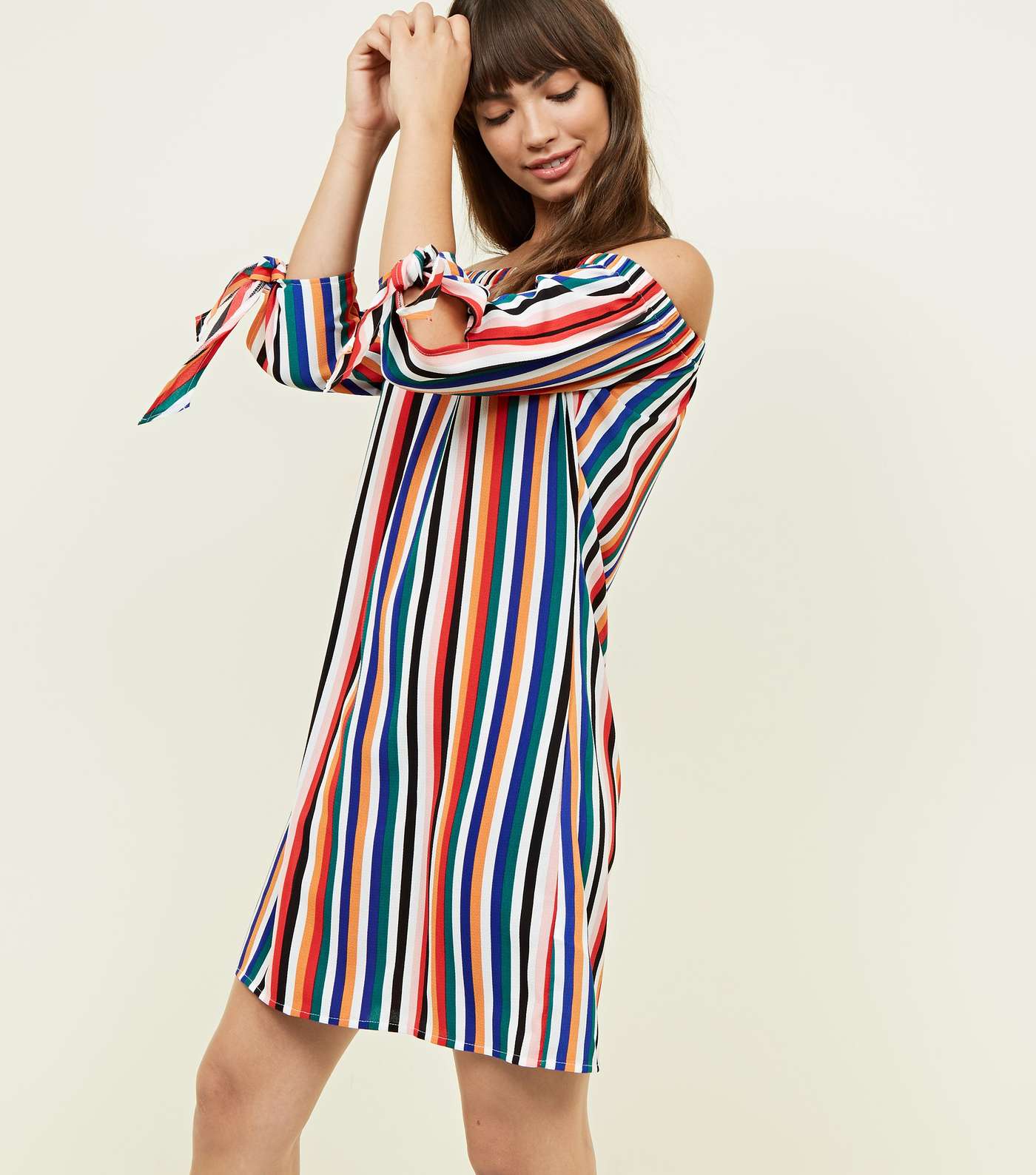 Rainbow Stripe Tie Sleeve Bardot Dress Image 6