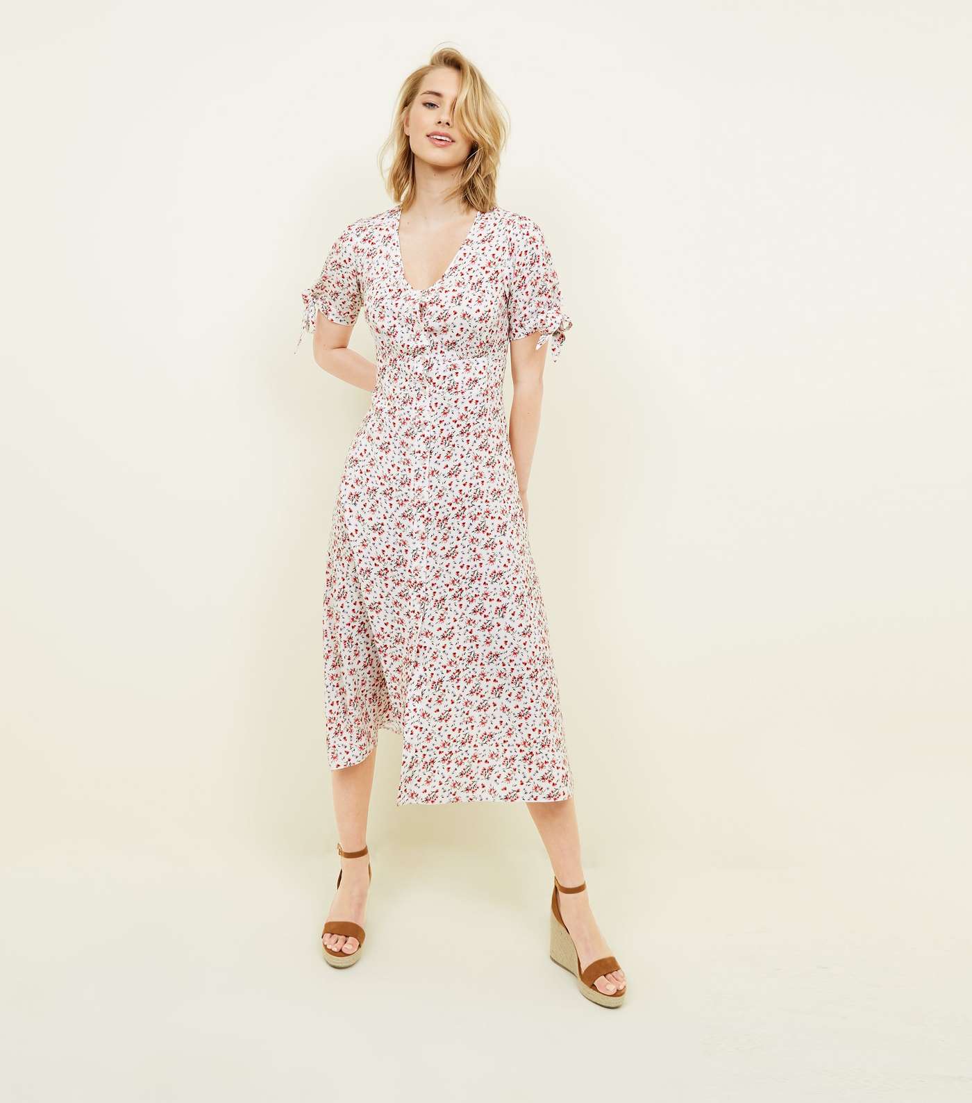 White Ditsy Floral Button Up Midi Dress