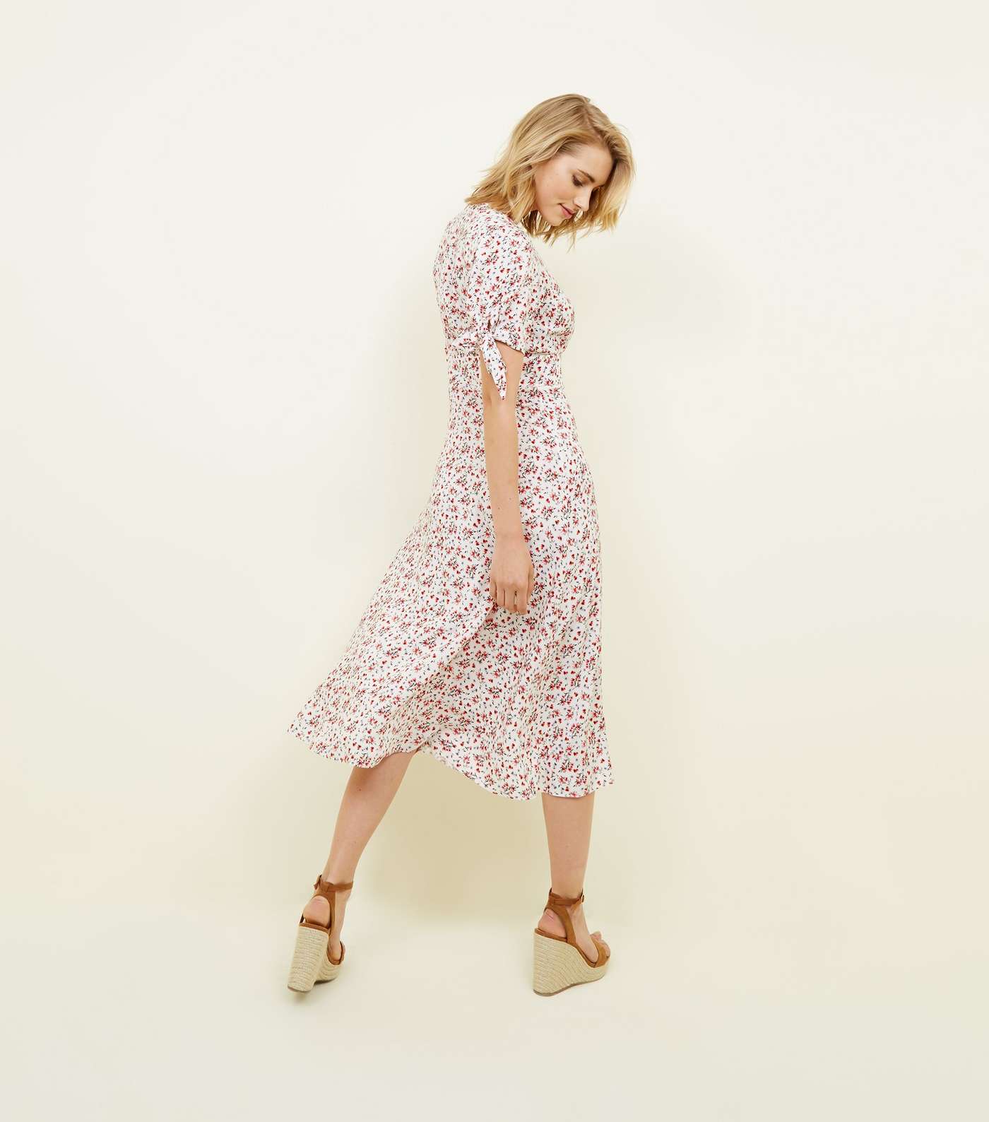 White Ditsy Floral Button Up Midi Dress Image 3