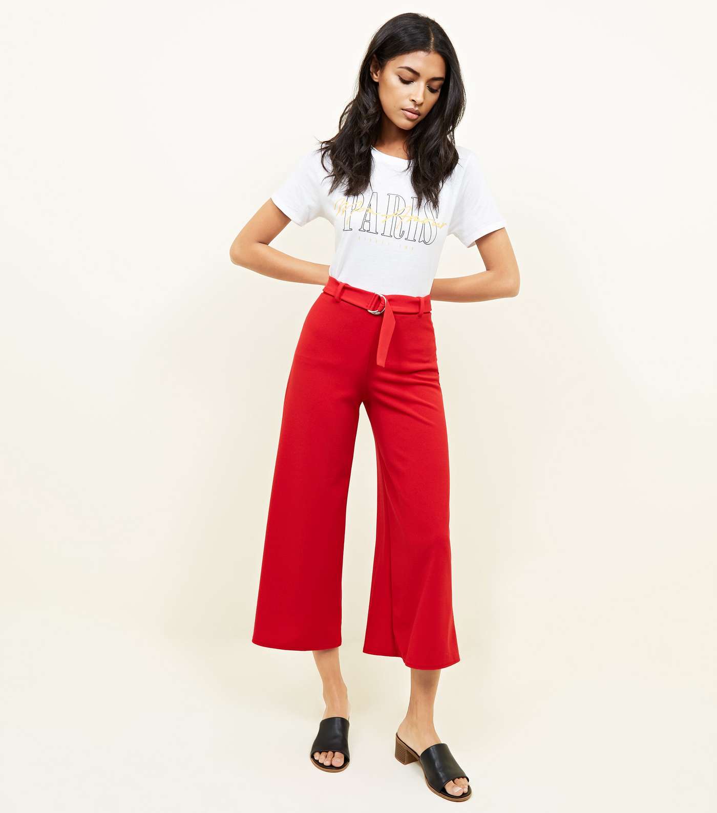 Red D-Ring Belt Cropped Trousers