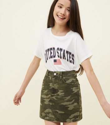 Girls Green Camo Print Denim Skirt | New Look