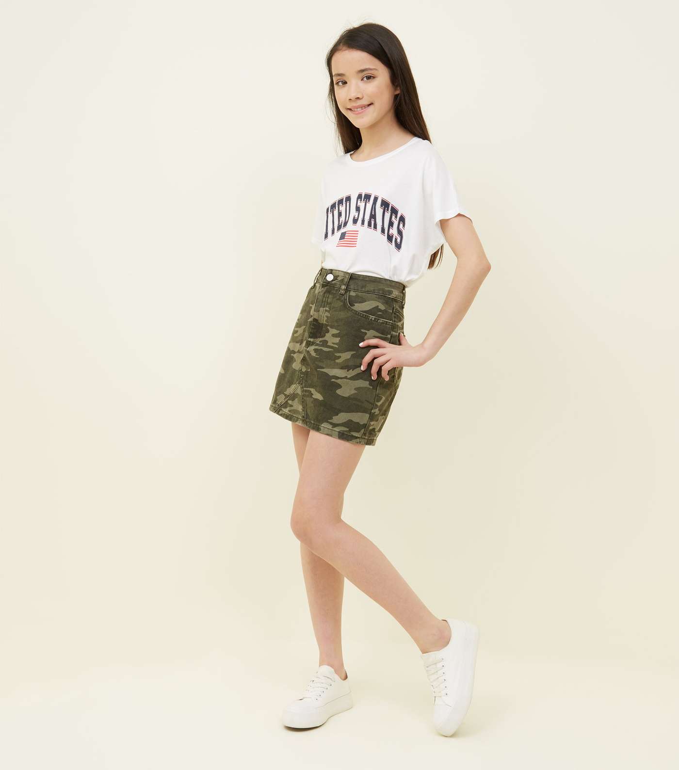 Girls Green Camo Print Denim Skirt Image 2