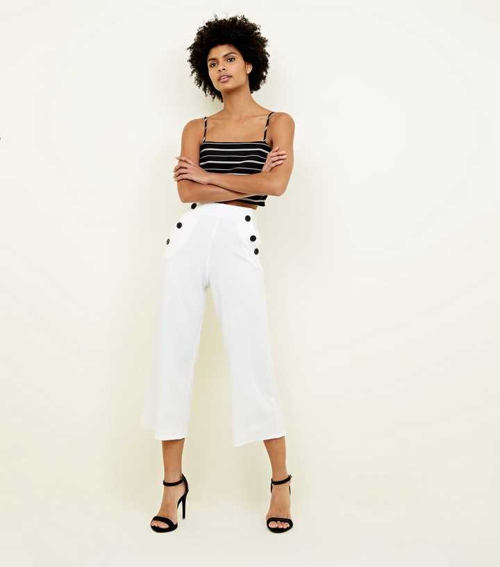 White Scuba Button Side Cropped Trousers 