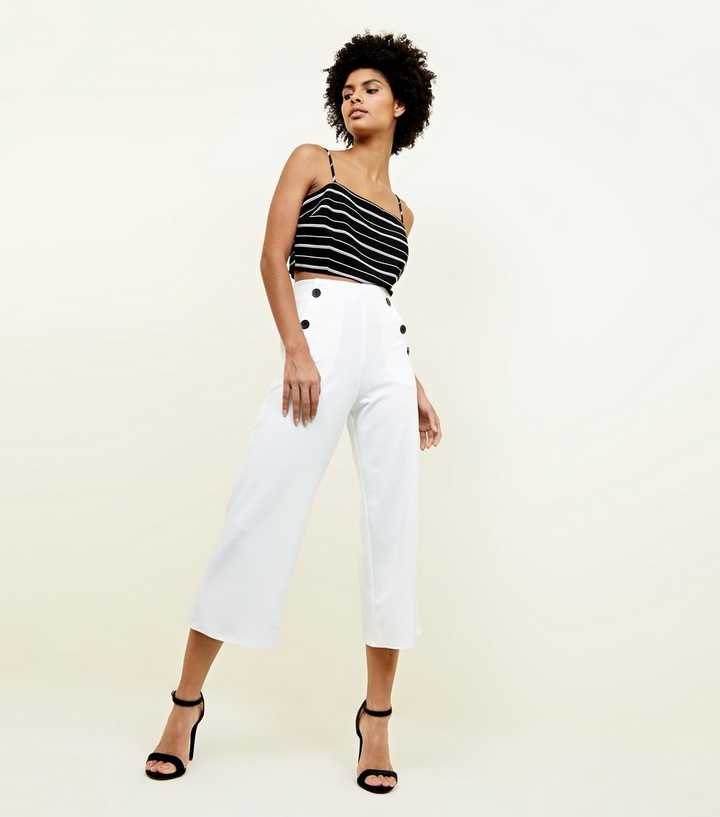 White Scuba Button Side Cropped Trousers