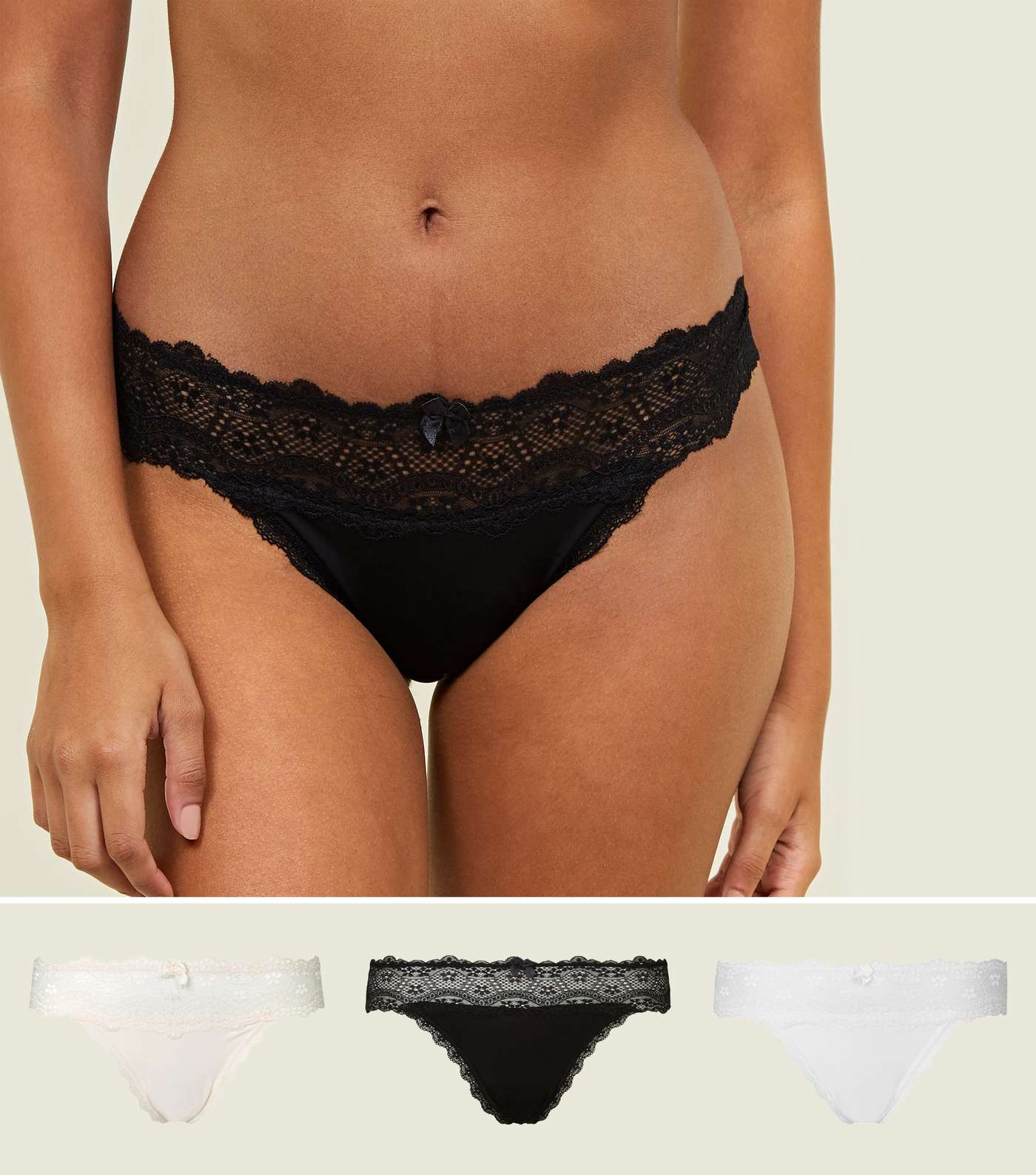 3 Pack Black, White and Pink Lace Trim Thongs