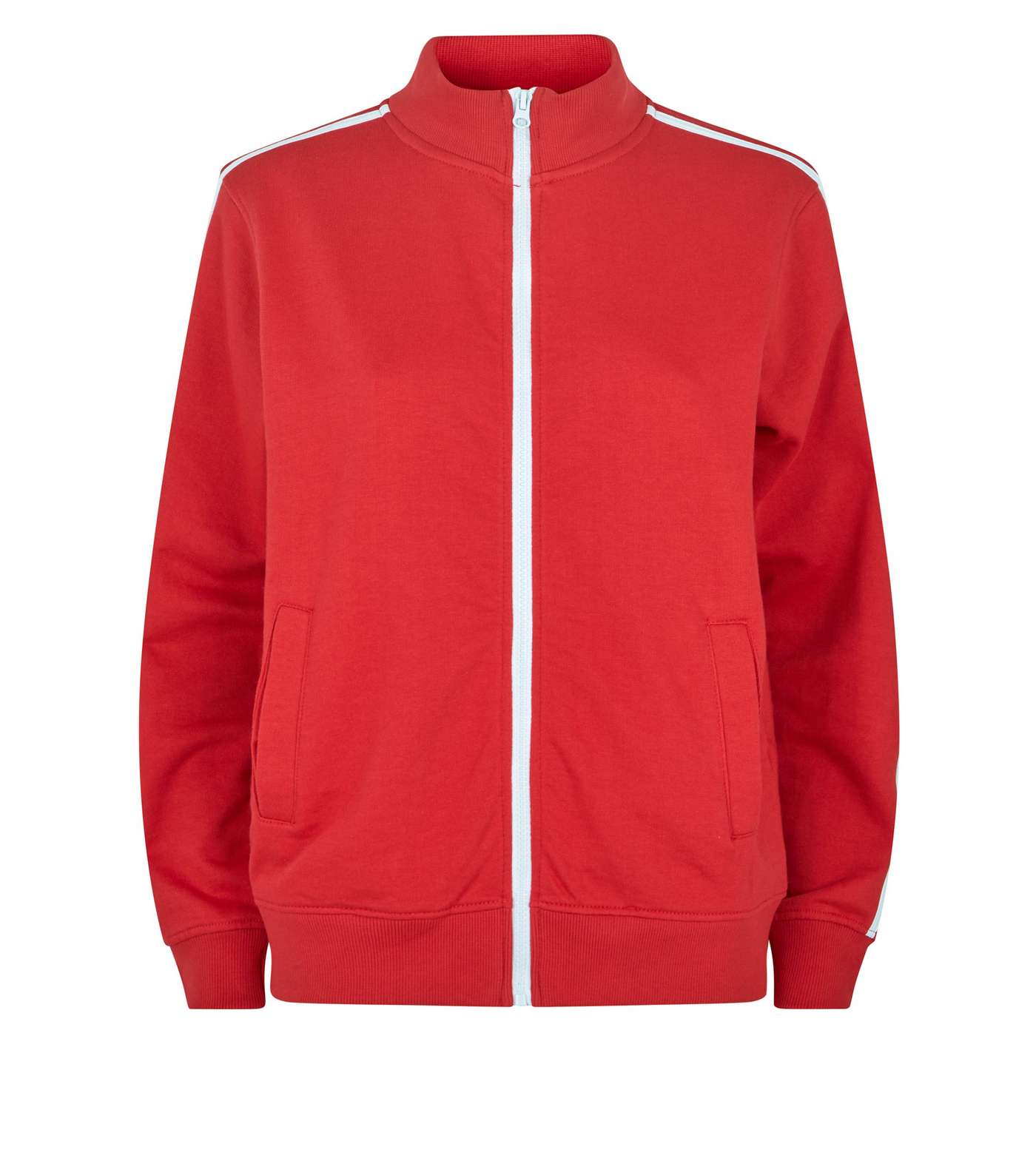 Red Contrast Stripe Sleeve Zip Front Sweatshirt Image 4