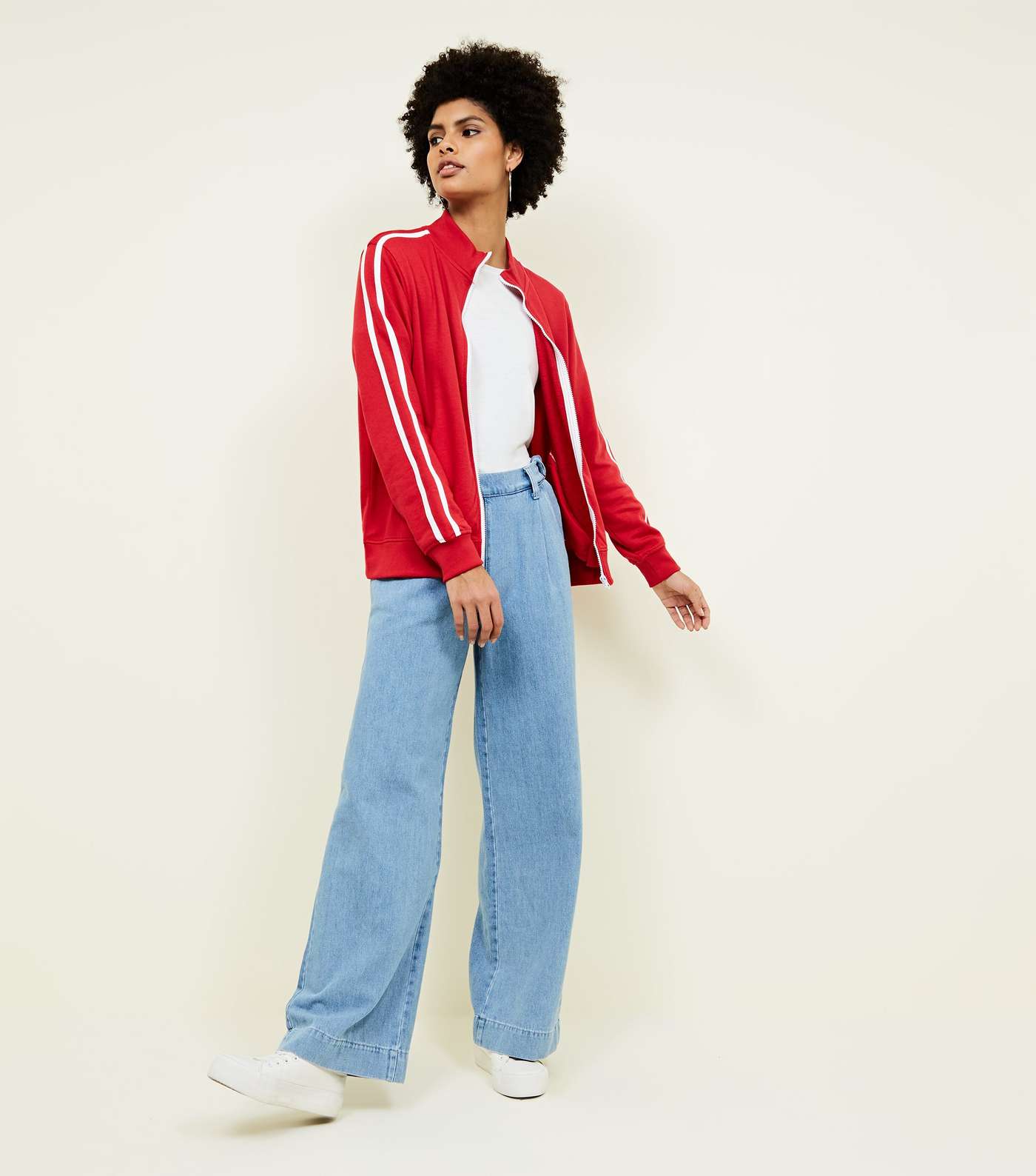 Red Contrast Stripe Sleeve Zip Front Sweatshirt Image 2