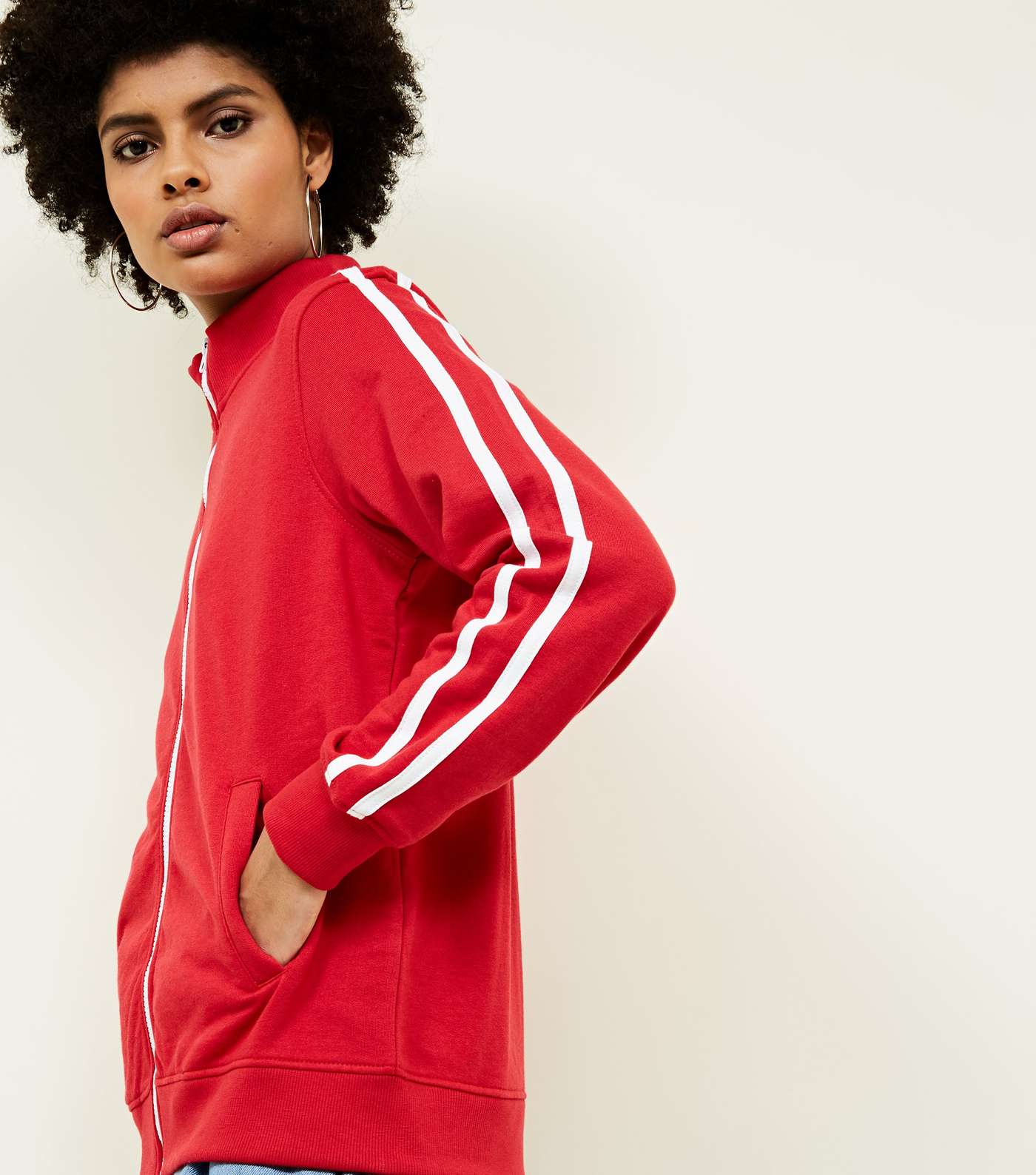 Red Contrast Stripe Sleeve Zip Front Sweatshirt Image 10