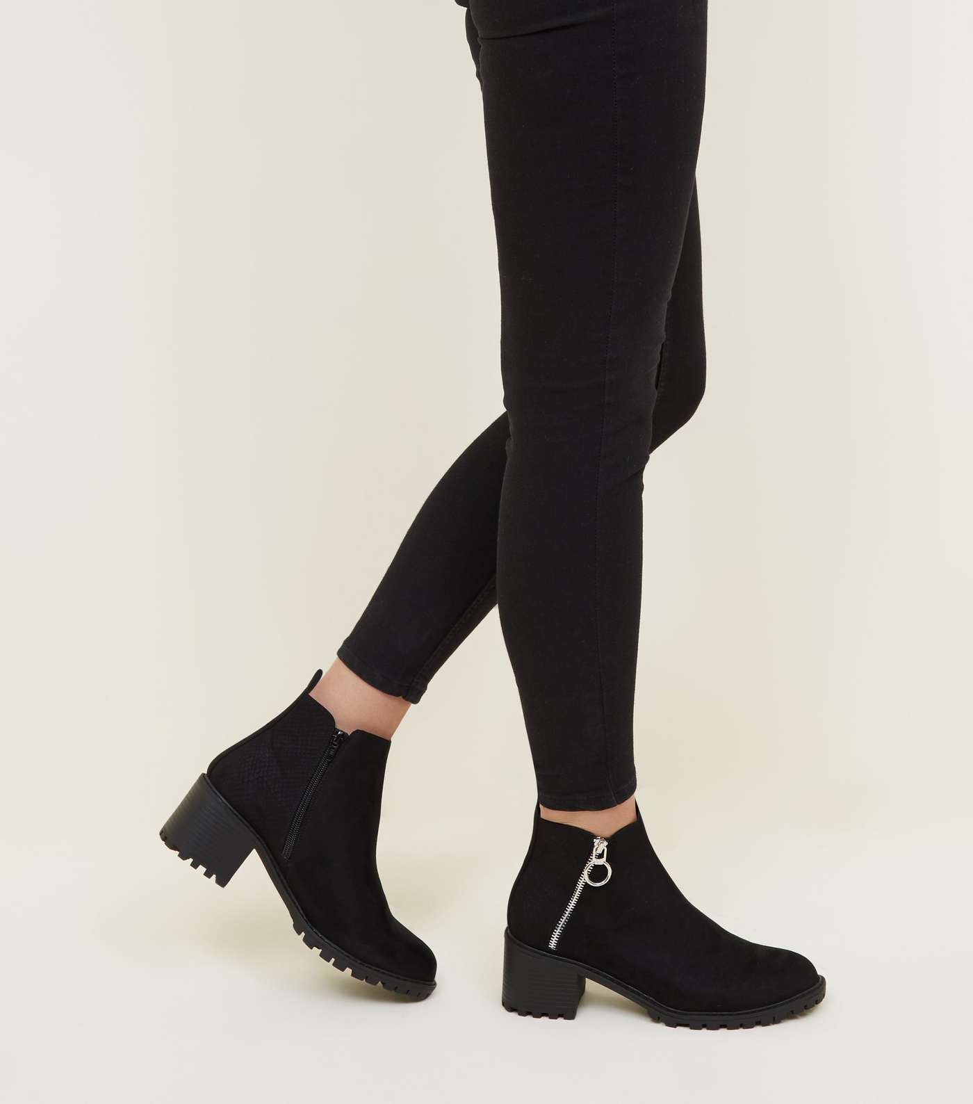 Black Ring Zip Cleated Sole Ankle Boots Image 2
