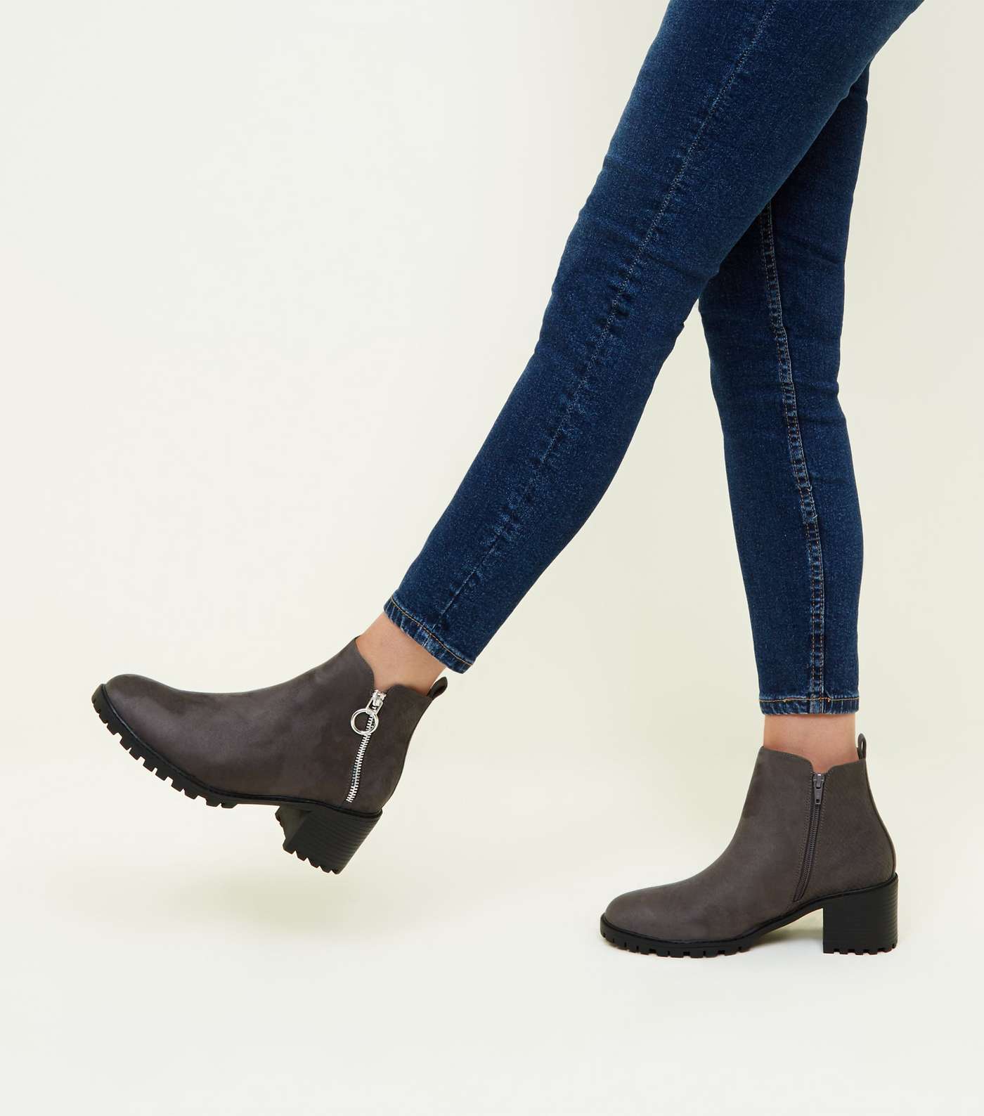 Grey Ring Zip Cleated Sole Ankle Boots Image 2