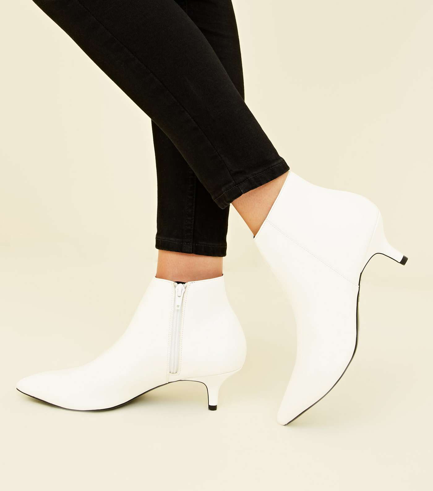White Leather-Look Kitten Heel Ankle Boots Image 2