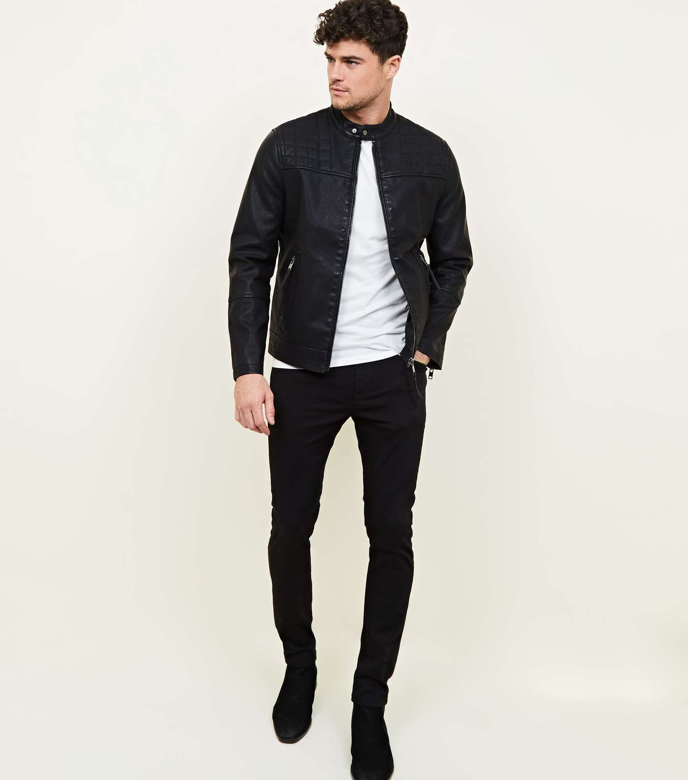 Black Collarless Leather-Look Biker Jacket  Image 2