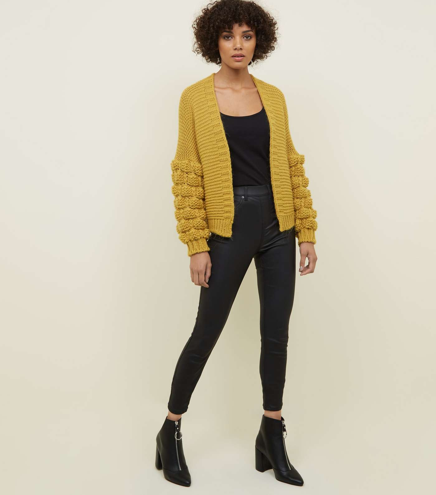 Cameo Rose Mustard Bubble Sleeve Knitted Cardigan  Image 2