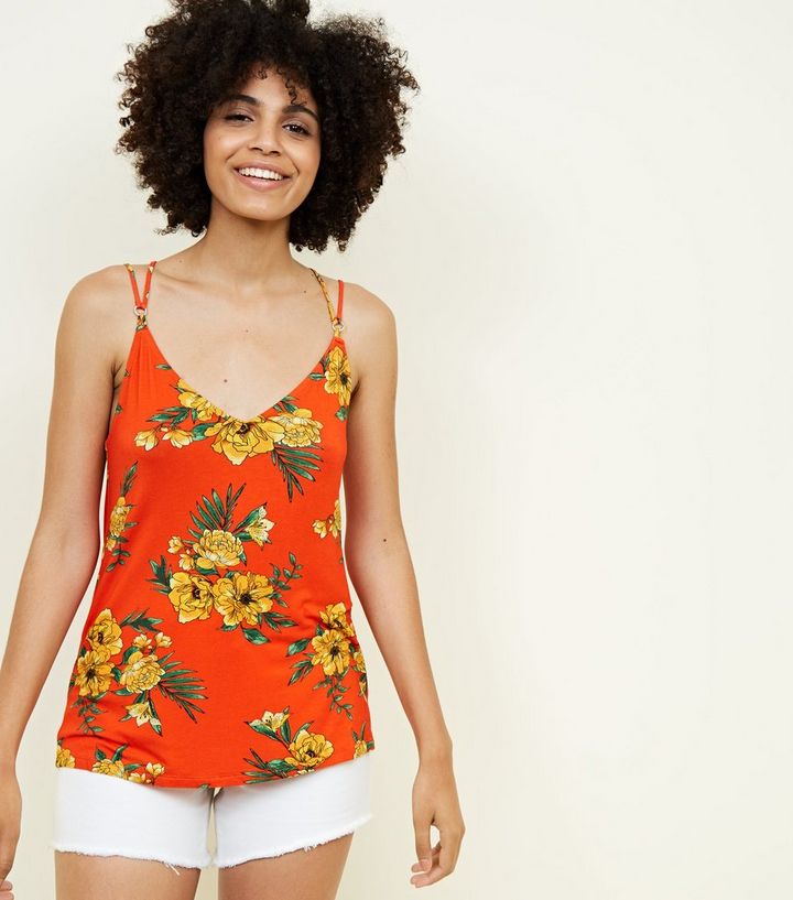 Orange Floral Ring Detail Cross Back Cami New Look