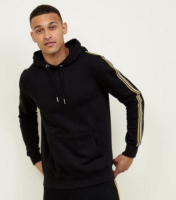 Black and Yellow Tape Stripe Hoodie New Look