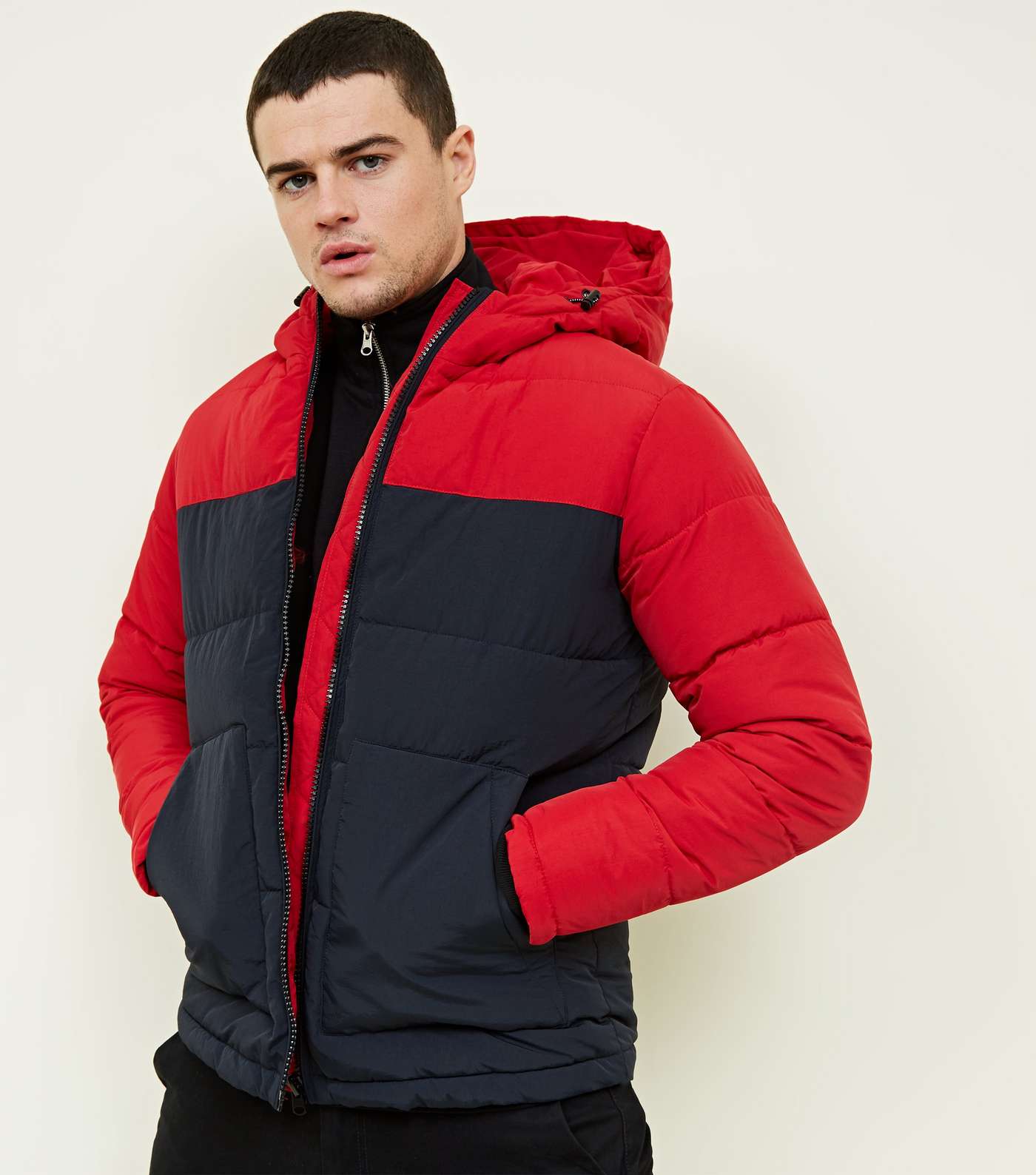 Red and Navy Colour Block Puffer Jacket