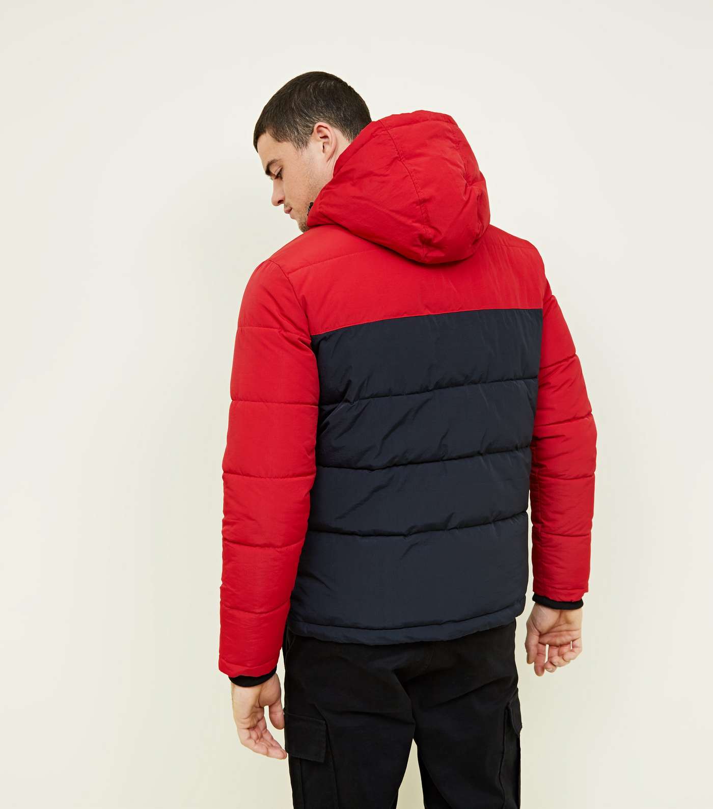 Red and Navy Colour Block Puffer Jacket Image 3