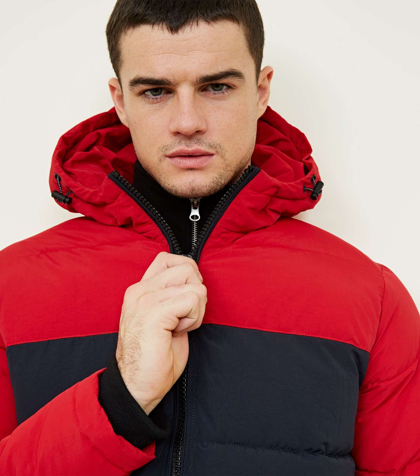 Red and Navy Colour Block Puffer Jacket Image 5