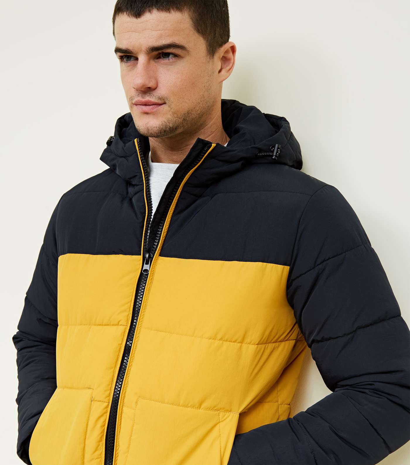 Yellow and Navy Colour Block Puffer Jacket Image 5