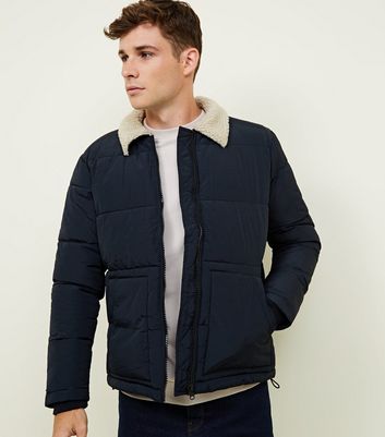 Navy Borg Collar Puffer Jacket | New Look