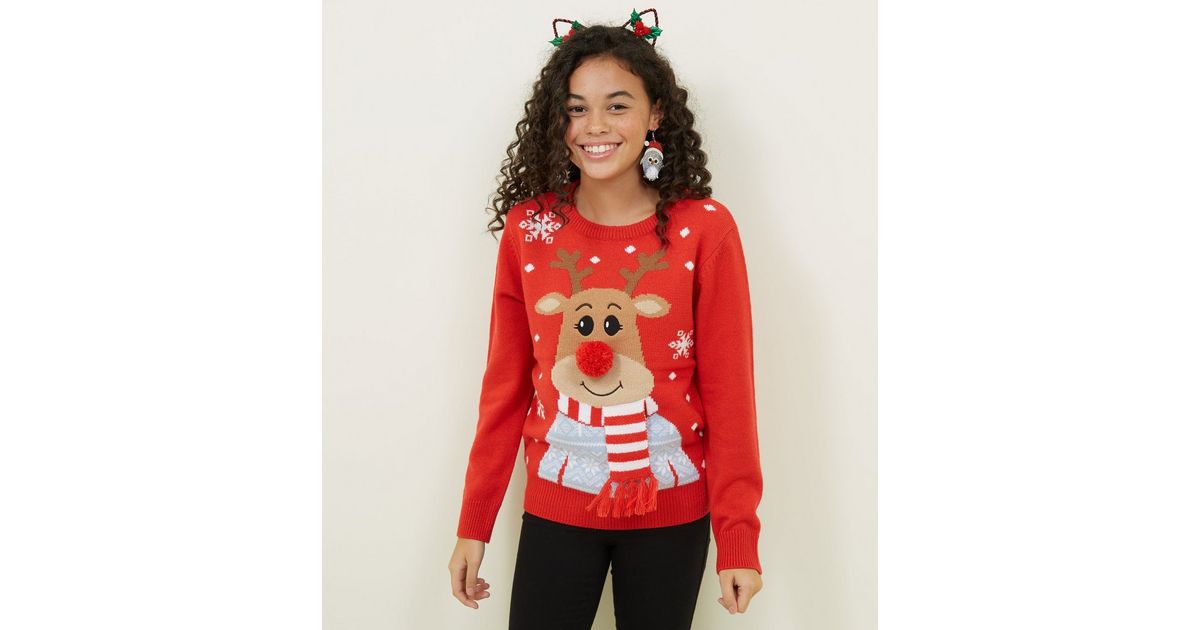 Girls Red Knit 3d Reindeer Christmas Jumper New Look