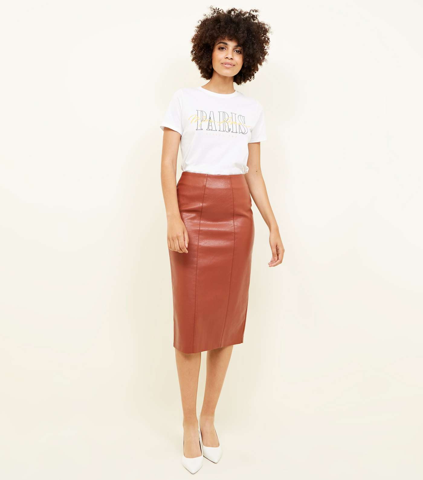 Tan Leather-Look Pencil Skirt