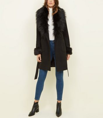 Black detachable faux fur trim coat online