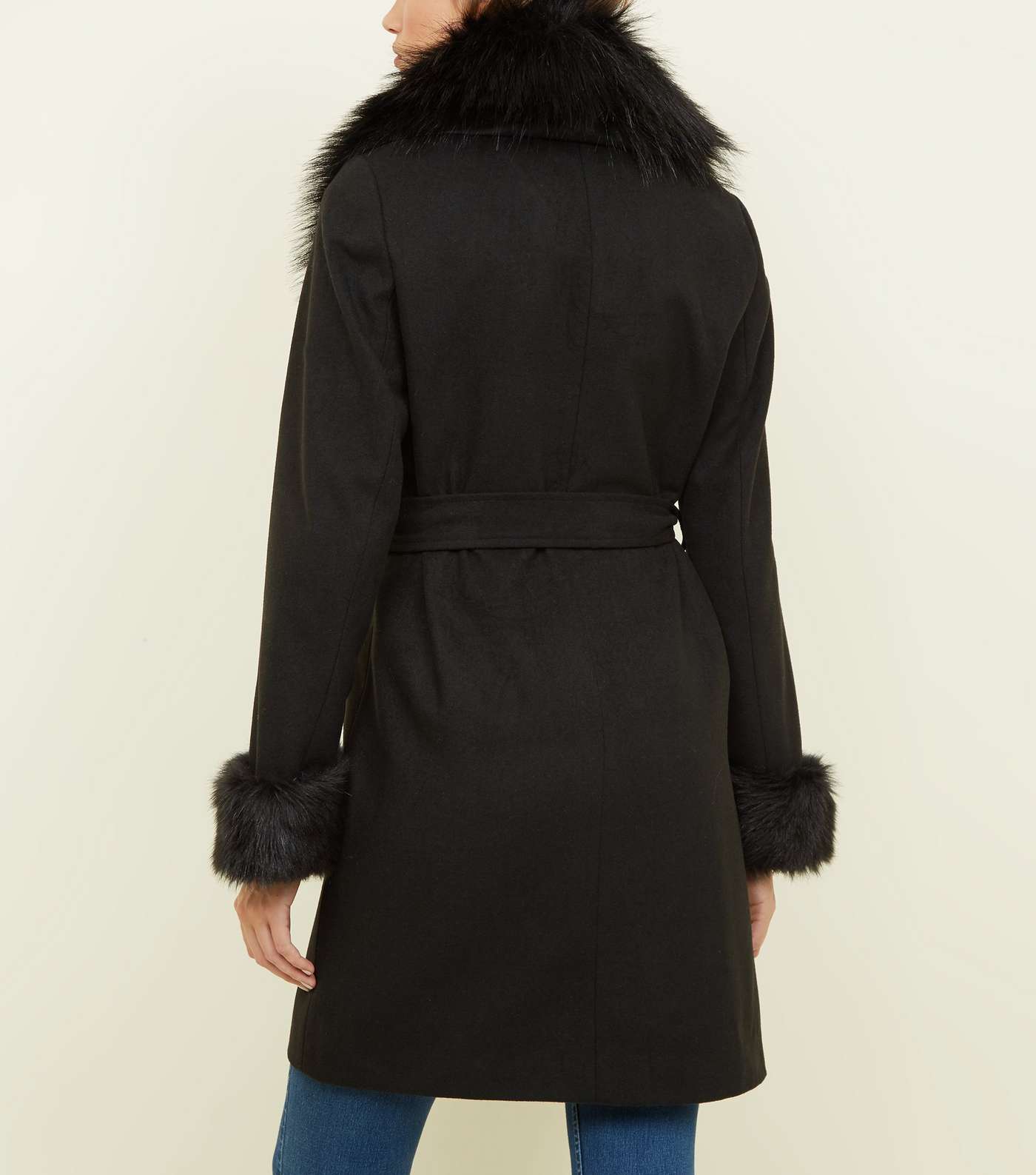 Black Detachable Faux Fur Trim Coat Image 3