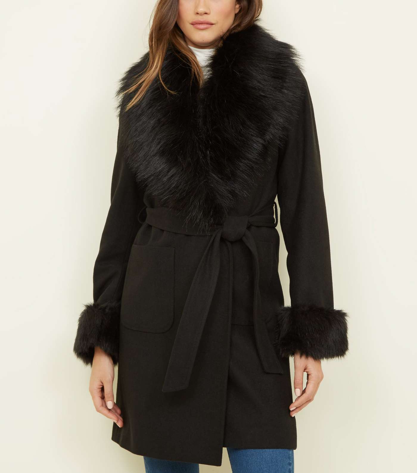 Black Detachable Faux Fur Trim Coat Image 5