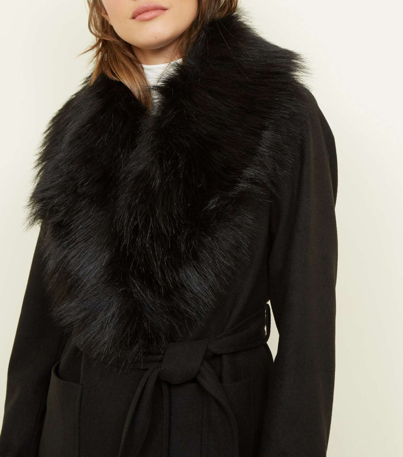 Black Detachable Faux Fur Trim Coat Image 7