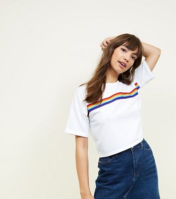 White Rainbow Stripe Tape Cropped T 
