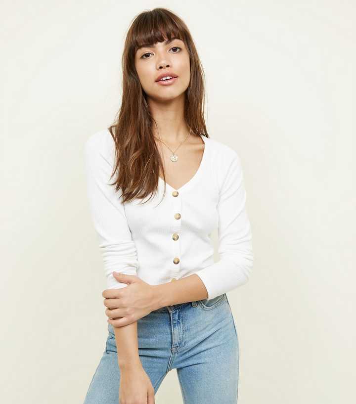 Off White V Neck Cropped Cardigan