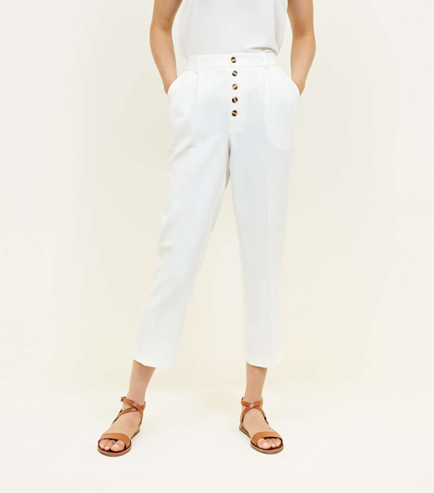 White Button Front Tapered Trousers Image 2