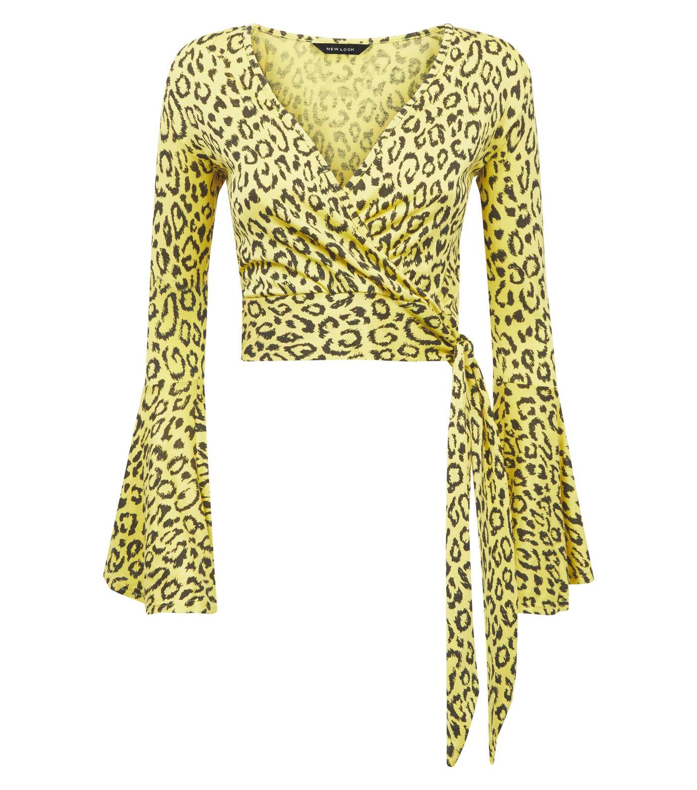 Yellow Leopard Print Bell Sleeve Wrap Top Image 4