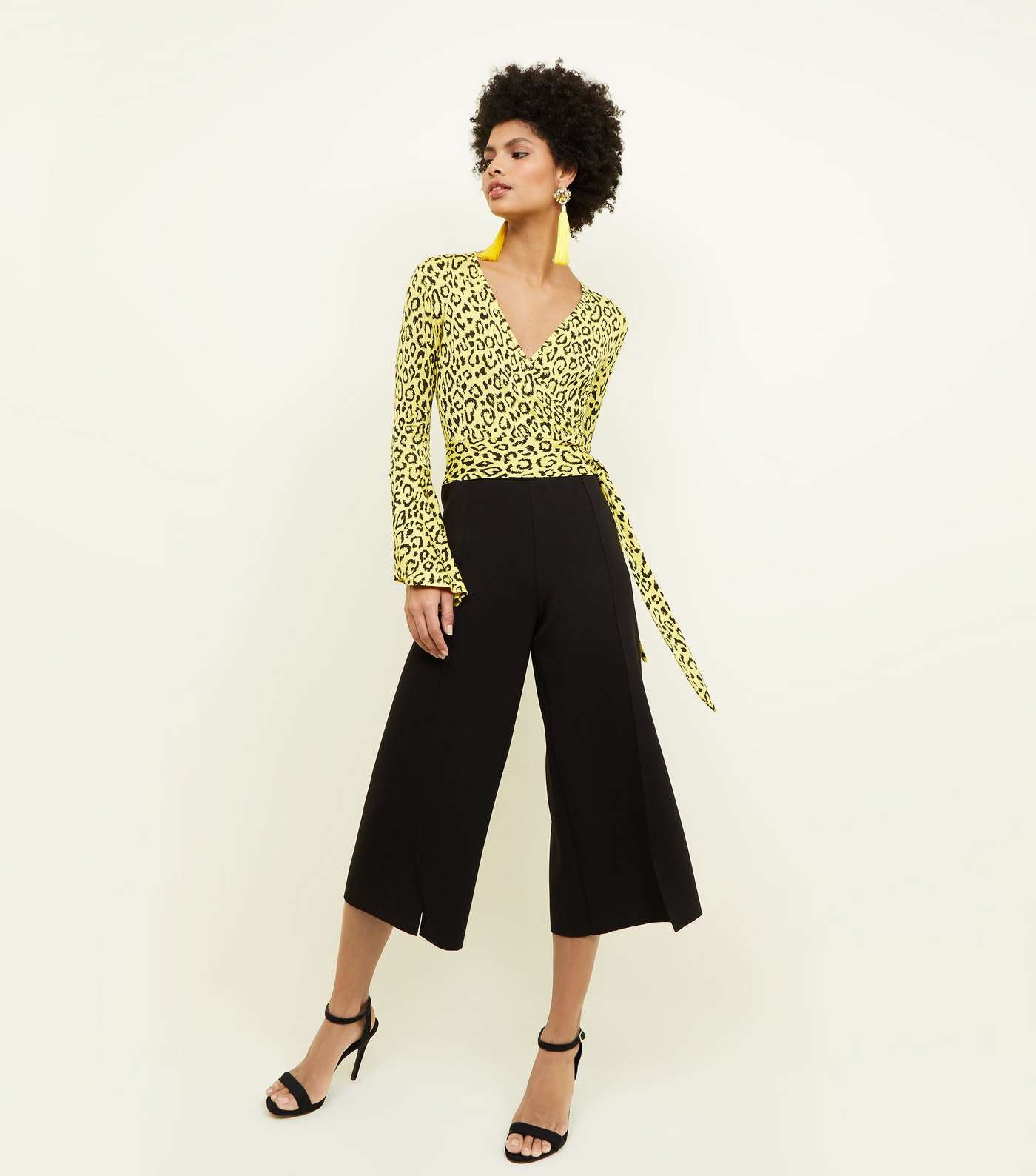 Yellow Leopard Print Bell Sleeve Wrap Top Image 2