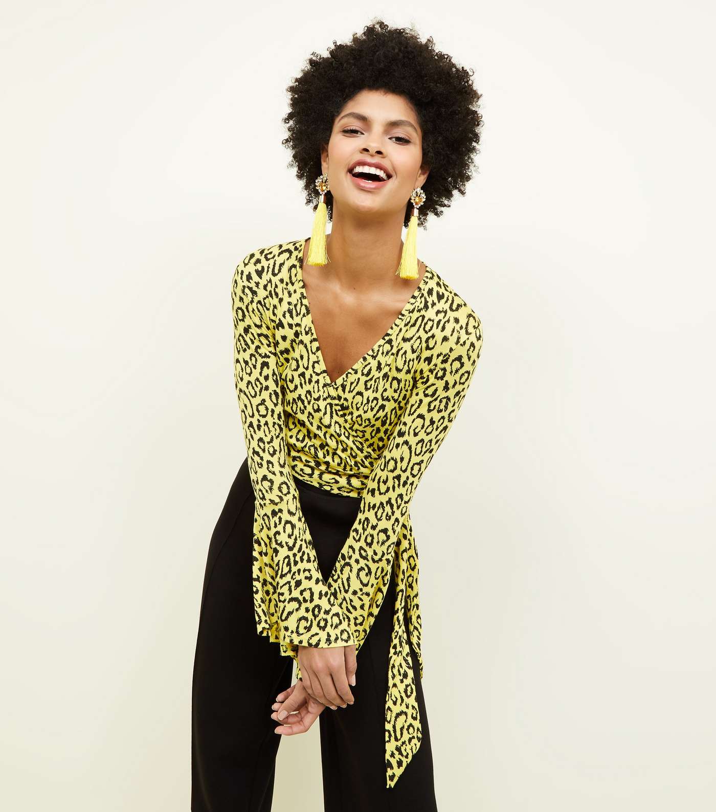 Yellow Leopard Print Bell Sleeve Wrap Top Image 6