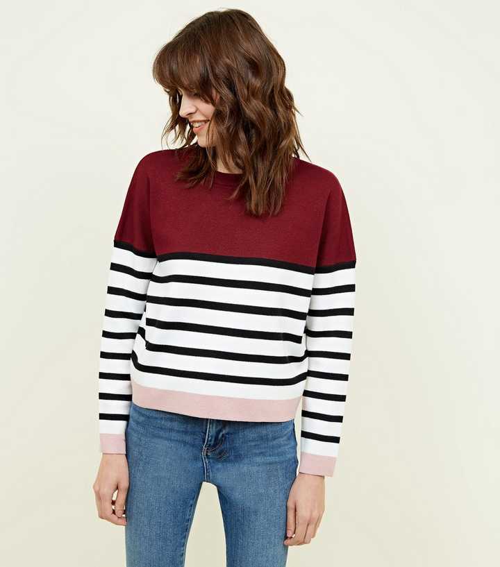 Dark Red Stripe Colour Block Jumper 