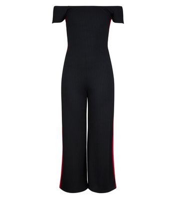 Girls Black Side Stripe Bardot Culotte Jumpsuit New Look