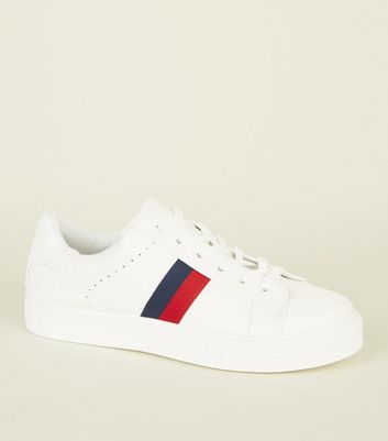 White Leather-Look Side Stripe Trainers 