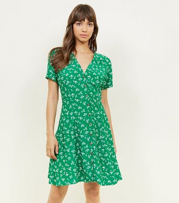 Green Ditsy Floral Button Front Mini Dress | New Look