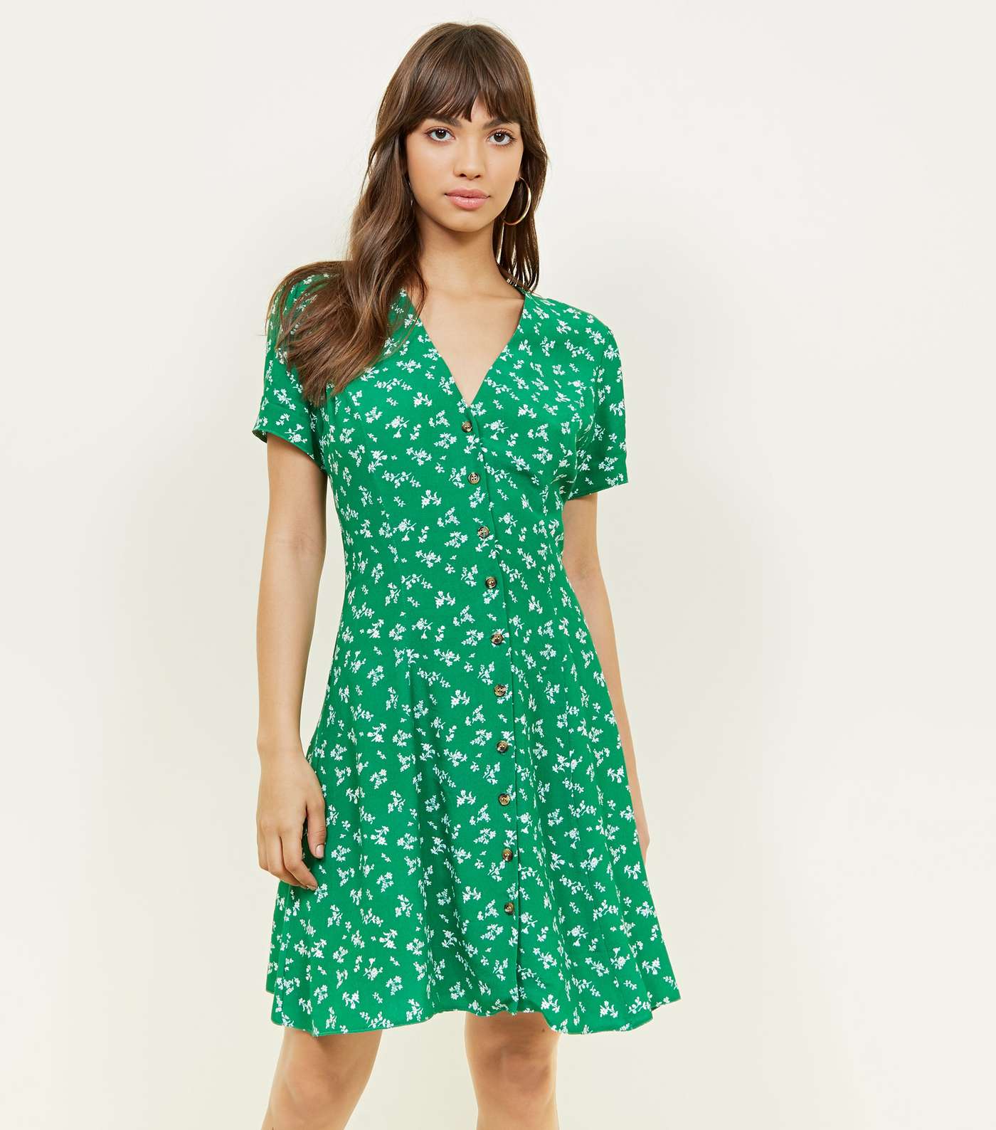 Green Ditsy Floral Button Front Mini Dress
