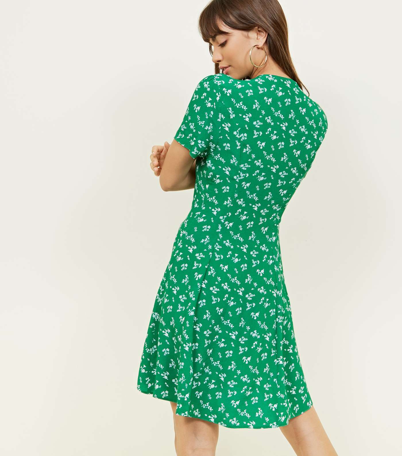 Green Ditsy Floral Button Front Mini Dress Image 3
