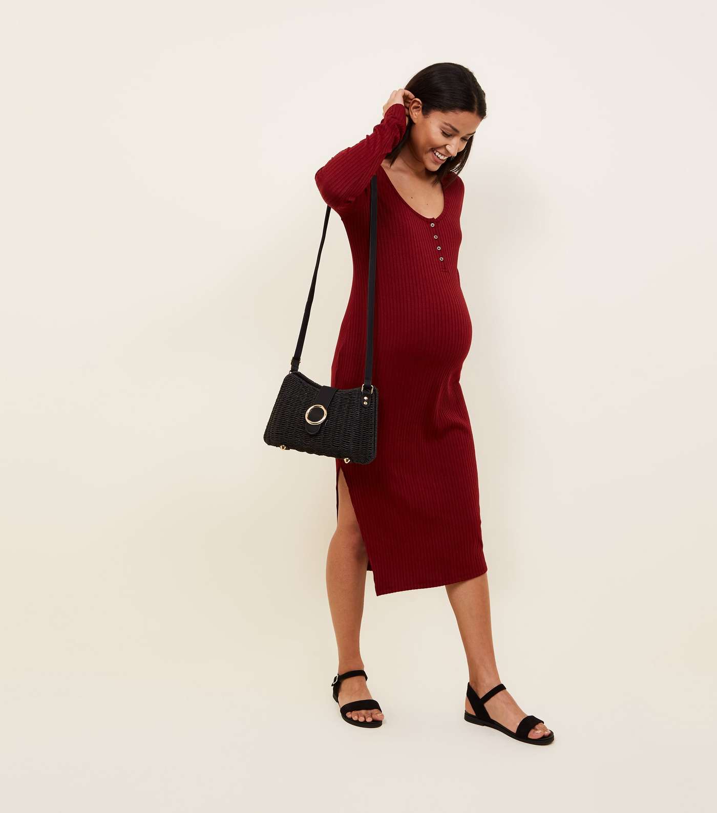 Maternity Burgundy Ribbed Midi Dress