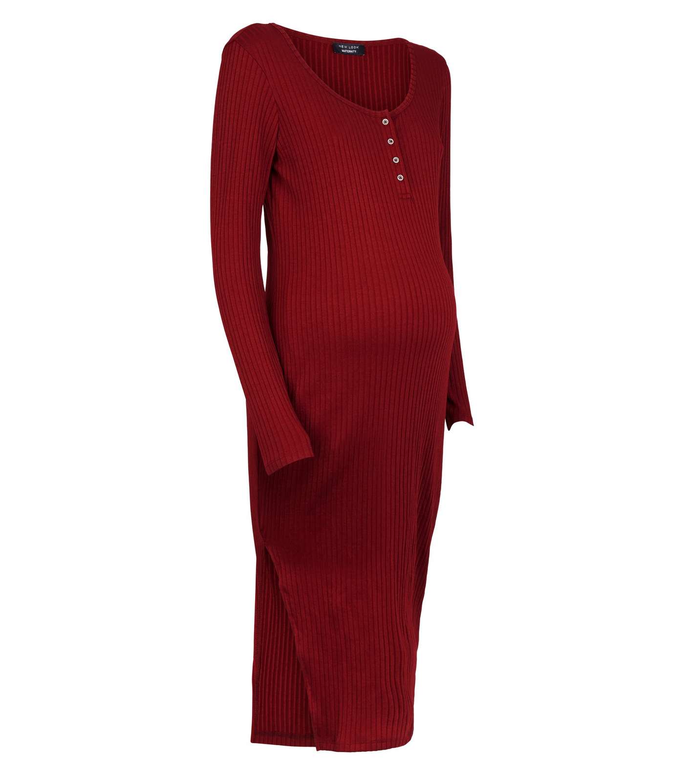 Maternity Burgundy Ribbed Midi Dress Image 3