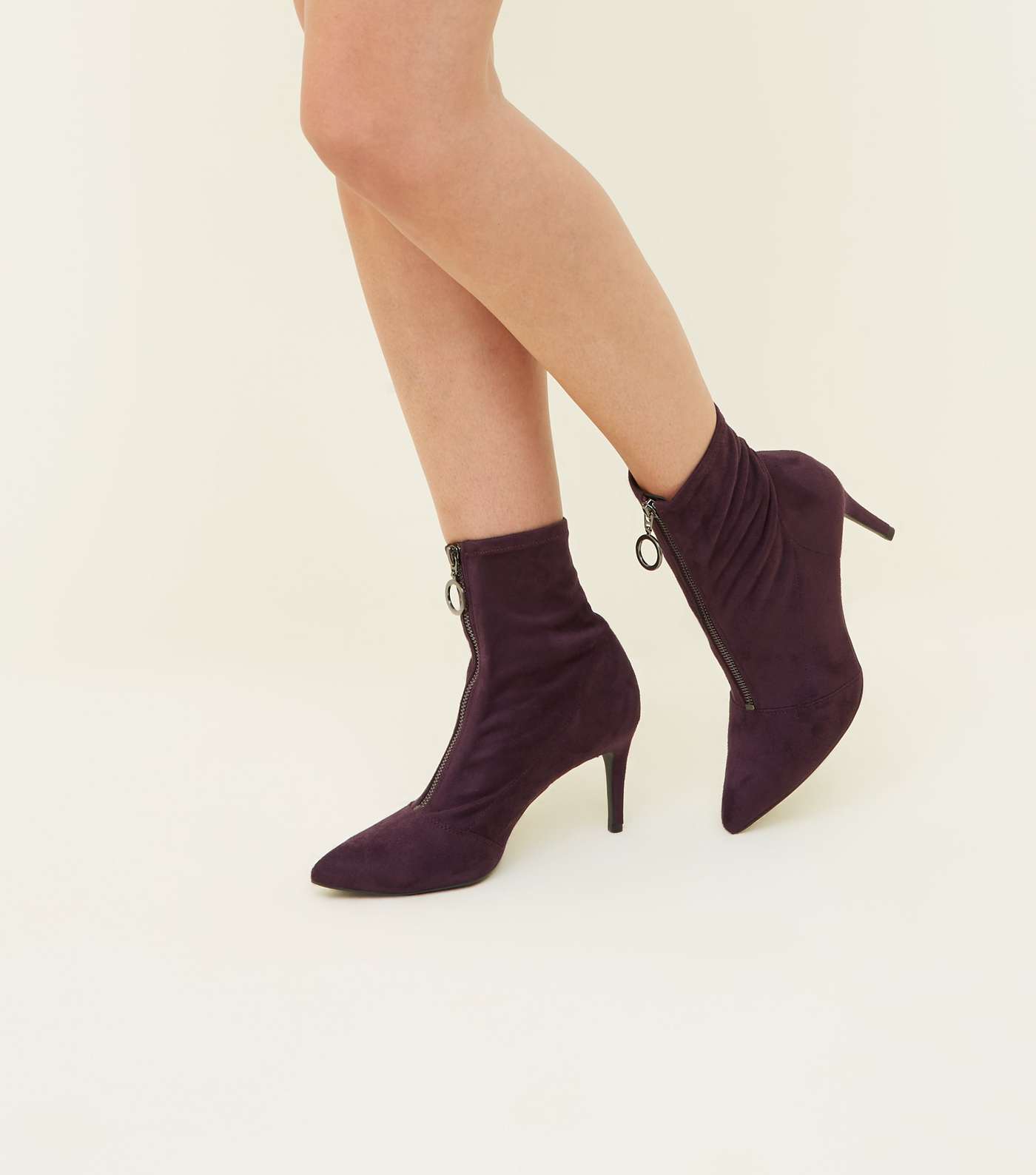 Dark Purple Zip Front Kitten Heel Sock Boots Image 2