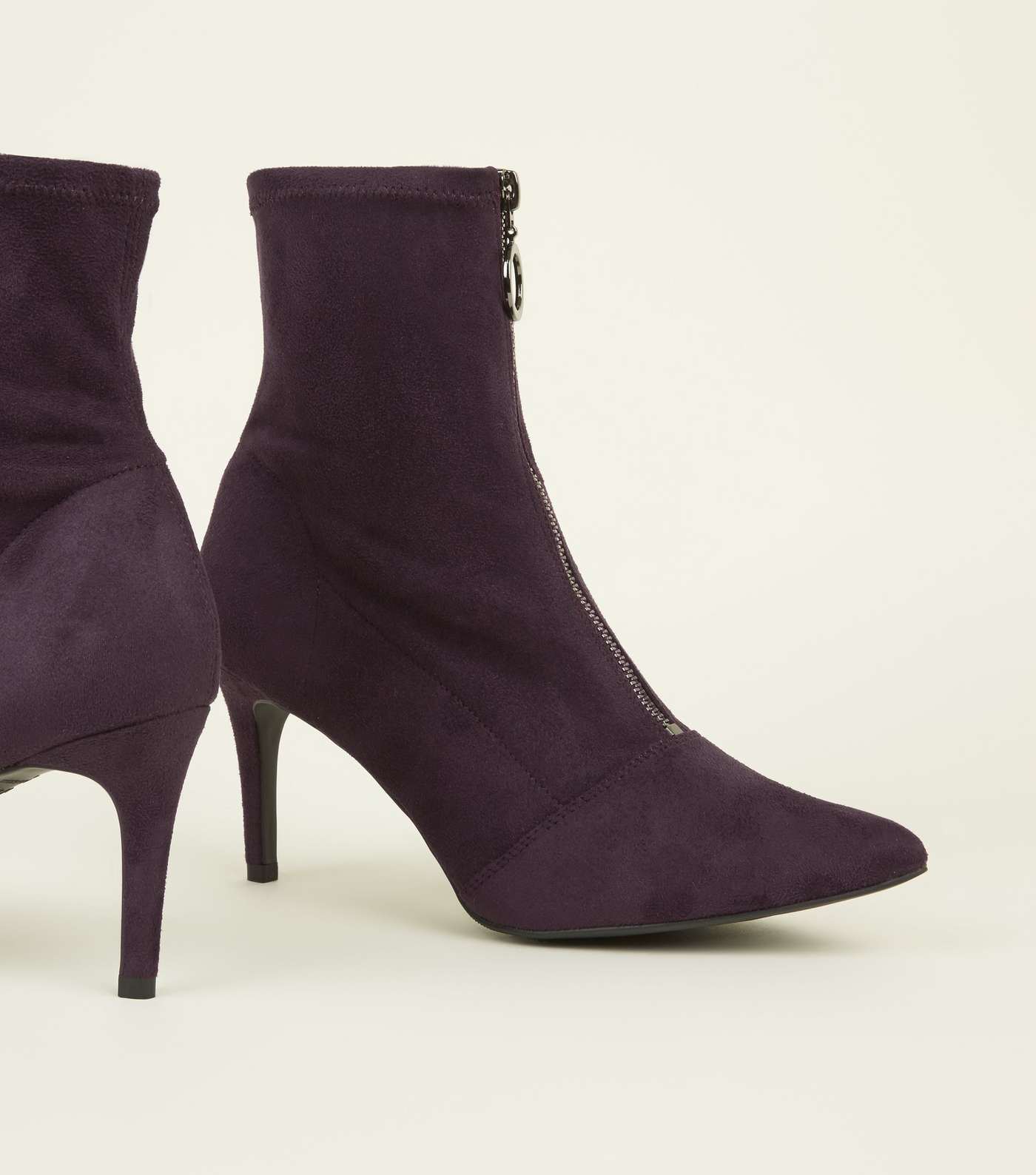 Dark Purple Zip Front Kitten Heel Sock Boots Image 4