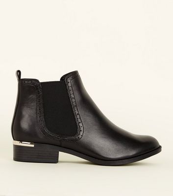 Black Leather Metal Trim Brogue Chelsea Boots | New Look